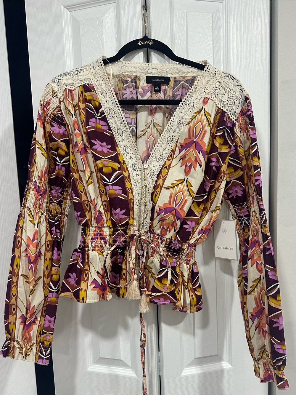Cream & Purple Boho Lace-Trim Blouse